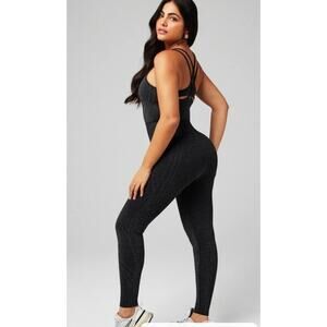 Fabletics X Khloe Kardashian Seemless Lurex Jumpsuit Black Sparkle sz LG‎